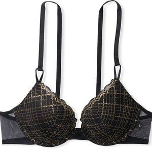 🐦‍⬛ NWOT VS Black & Gold Plaid Scalloped Underwire Sexy Tee Push-Up Bra - 38D